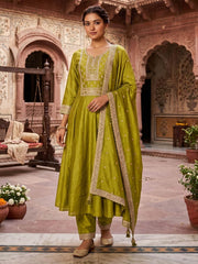 Parrot Green Silk A-Line Kurta Set With Dupatta