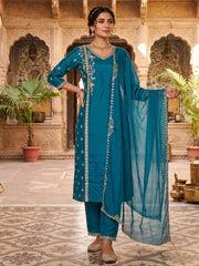 Teal Blue Dola Silk Kurta Set With Dupatta