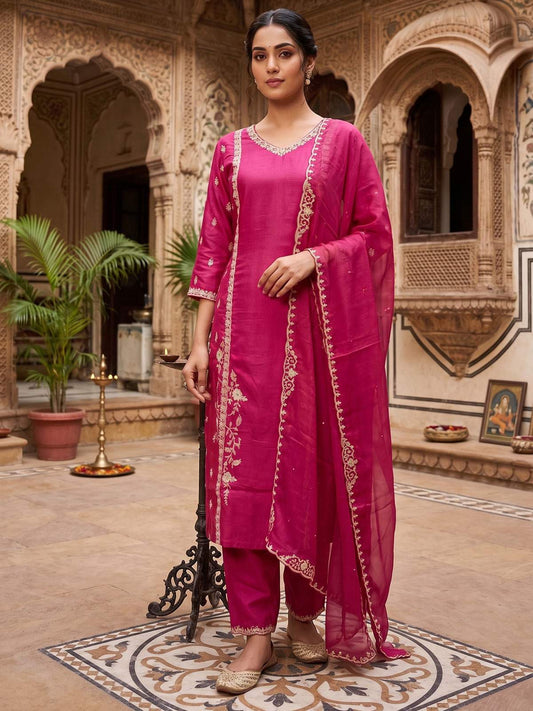 Magenta Dola Silk Kurta Set With Dupatta