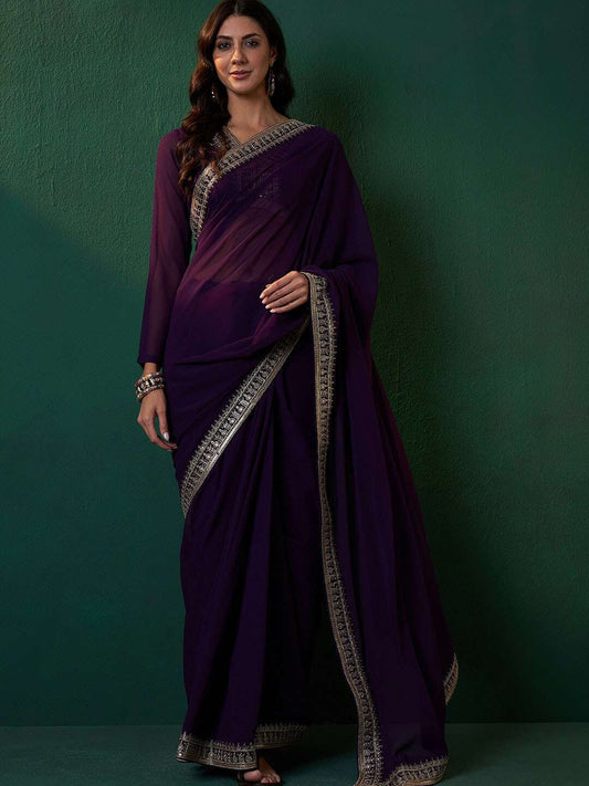 Magenta Sequined Embroidered Border Saree