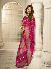 Magenta And Gold-Toned Woven Design Zari Saree