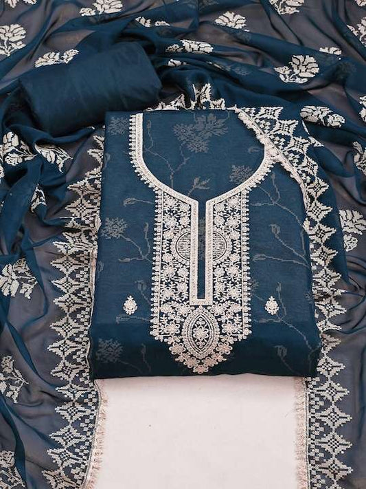 Teal Floral Embroidered Sequinned Unstitched Dress Material