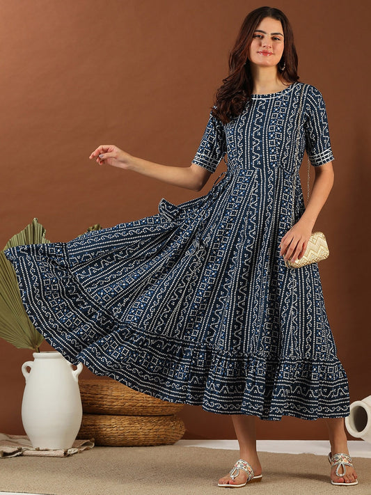 Navy blue Bandhini Printed Cotton Tie Up Lace Fit & Flare Midi Ethnic Dress