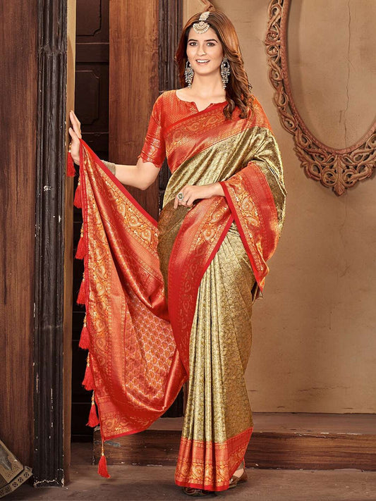 Women Gold Zari Woven Traditional Saree with Ethnic Motive Border