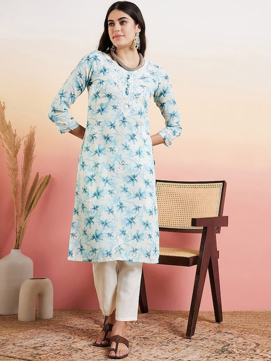 Blue & White Floral Embroidered Straight Kurta With Trouser
