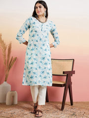 Blue & White Floral Embroidered Straight Kurta With Trouser