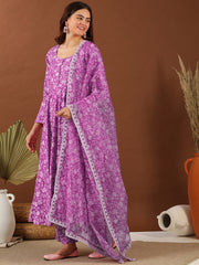 Women Purple Floral Printed Anarkali Kurta Set