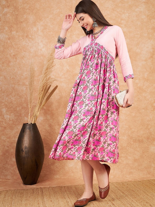Floral Printed Flared Midi-Length Ethnic Dress
