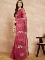 Pink Floral Embroidered Organza Saree