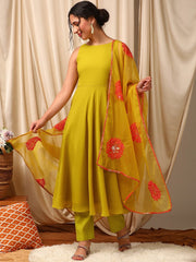 Mustard Color Women Layered Thread Work Kurta with Trousers & With Dupatta