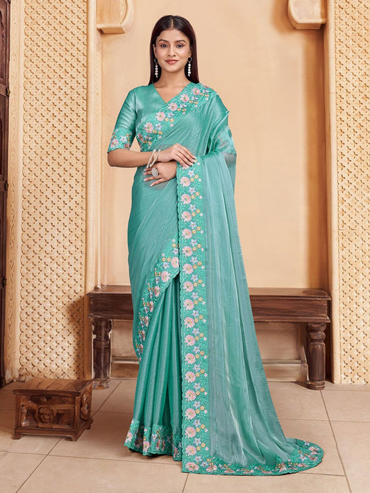 Green And ,Multicolour Ethnic motif Embroidered Sequinned Saree With Blouse Piece