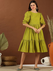 Green Chikankari Embroidered Cotton Midi Ethnic Dress