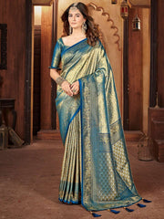 Women Gold Zari Woven Traditional Saree with Ethnic Motive Border