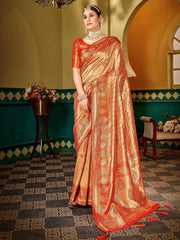 Women Orange Soft Silk Zari Woven Traditional Saree with Swaroski Diamonds