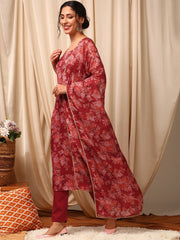 Women Maroon Floral Printed Regular Kurta with Trousers & With Dupatta