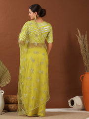 Yellow Floral Embroidered Net Saree