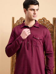Maroon Roll-Up Sleeves Pathani Kurta With Pyjama
