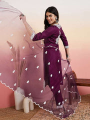 Maroon Floral Embroidered Straight Thread Work Kurta With Trousers & Dupatta
