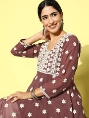 Mauve Floral Embroidered Thread Work Georgette Anarkali Kurta with Inner
