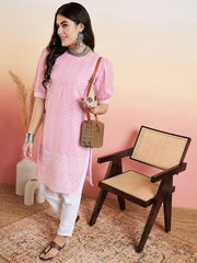 Pink & White Floral Embroidered Thread Work Pure Cotton Straight Kurta & Trouser
