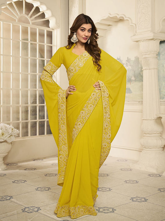 Yellow Embroidered Poly Georgette Saree