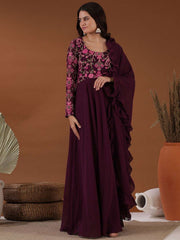 Women Burgundy Ethnic Motifs Embroidered Flared Sleeves Thread Work Georgette Anarkali Kurta