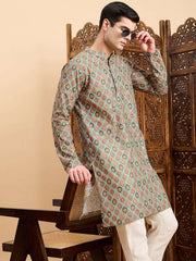 Green Floral Printed Mandarin Collar Zari Cotton A-Line Kurta