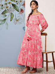 Pink Floral Printed Off-Shoulder Fit & Flare Ethnic Dress