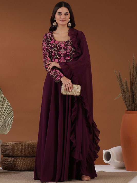 Women Burgundy Ethnic Motifs Embroidered Flared Sleeves Thread Work Georgette Anarkali Kurta