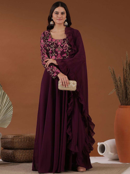 Women Burgundy Ethnic Motifs Embroidered Flared Sleeves Thread Work Georgette Anarkali Kurta