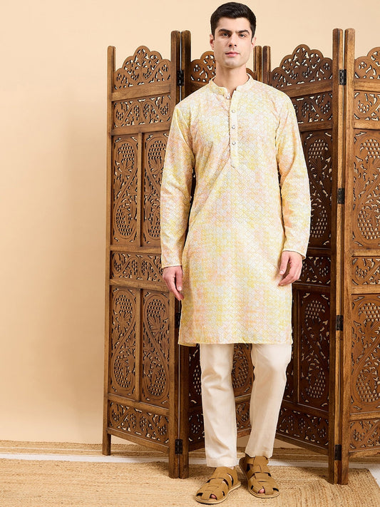 Yellow Geometric Embroidered Mandarin Collar Straight Kurta