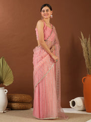 Pink Embellished Mukaish Net Saree