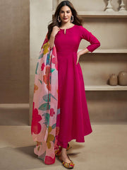Amyra Dastur Magenta Notch Neck Floral Regular Pure Silk Anarkali Kurta with Trousers & Dupatta