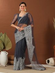 Grey Embroidered Net Saree
