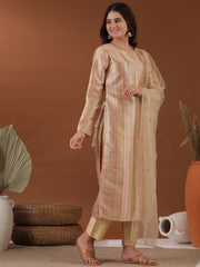 Beige Striped Embroidered Round Neck Thread Work Kurta with Trousers & With Dupatta