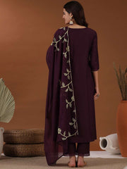 Mauve Floral Thread Embroidered Straight Kurta With Trouser & Dupatta