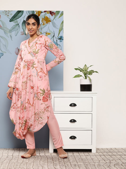 Women Floral Printed Pleated Gotta Patti Kurta with Trousers