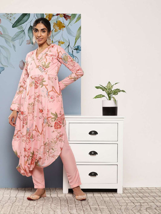 Women Floral Printed Pleated Gotta Patti Kurta with Trousers