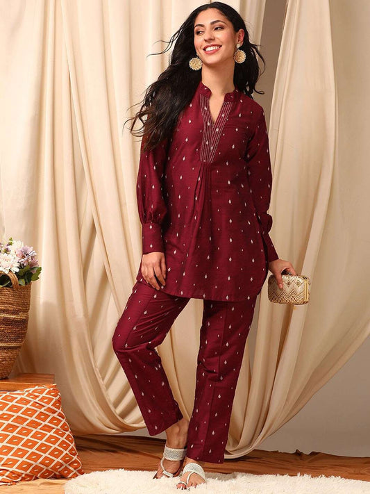 Maroon Woven Design Top With Trousers Co-Ords