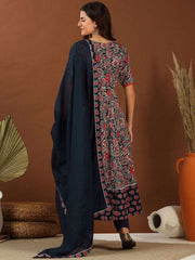 Women Navy Blue Paisley Printed Regular Gotta Patti Kurta with Trousers & With Dupatta