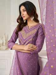 Women Mauve Ethnic Motifs Embroidered Regular Sequinned Chanderi Cotton Kurta with Trousers & With Dupatta
