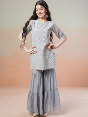 Girls Grey Floral Embroidered Round Neck Thread Work Kurta with Sharara