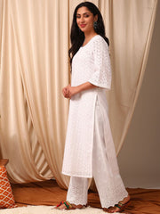 Women White Ethnic Motifs Embroidered Flared Sleeves Chikankari White Romance Kurta