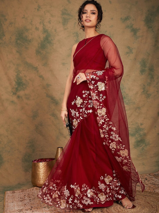 Maroon Sequinned Detailed Net Saree