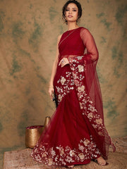 Maroon Sequinned Detailed Net Saree