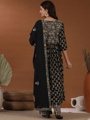 Black Floral Printed Thread Work A-Line Kurta With Palazzos & Dupatta