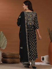 Black Floral Printed Thread Work A-Line Kurta With Palazzos & Dupatta