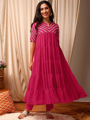 Pink Women Ethnic Motifs Embroidered Tiered Thread Work Kurta with Trousers
