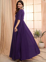 Purple Floral Embroidered V-Neck Georgette Maxi Ethnic Motifs Dress