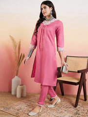 Pink Embroidered Thread Work Kurta with Trousers
